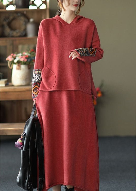 Fashion Red Oriental hooded Knit Fall Two Pieces Set CK1574- Fabulory