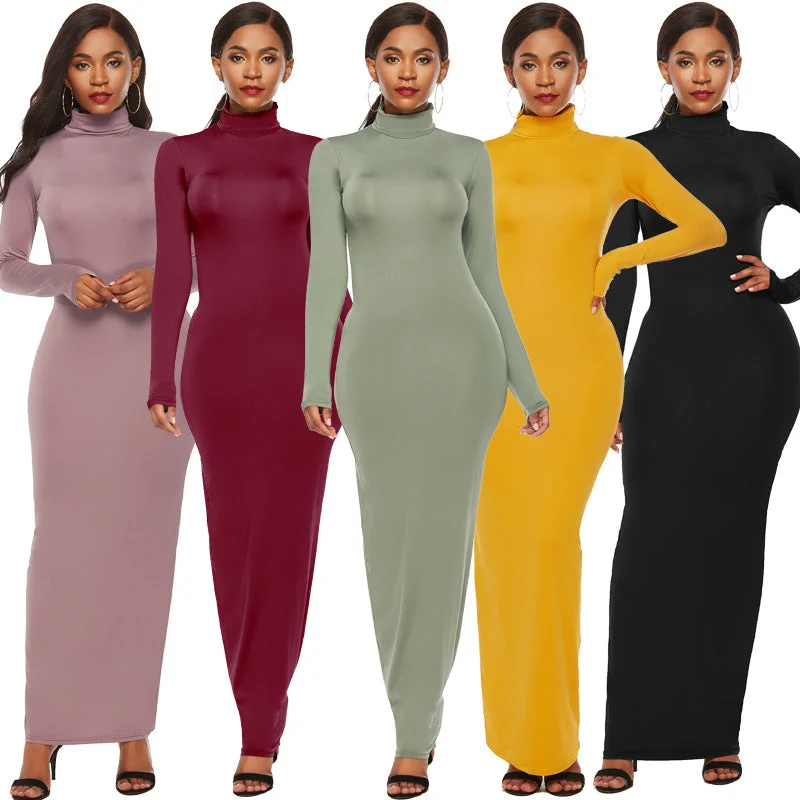 Uveng Polyester Spandex Fashion Solid Color Long Sleeve Stretch Slim Turtleneck Dress