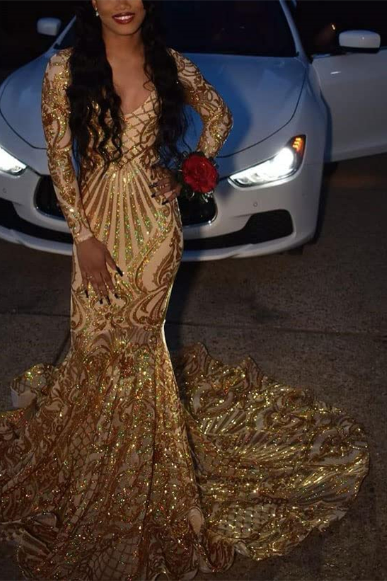 Dresseswow Golden Yellow V-Neck Mermaid Prom Dress With Sequins Long Sleeves