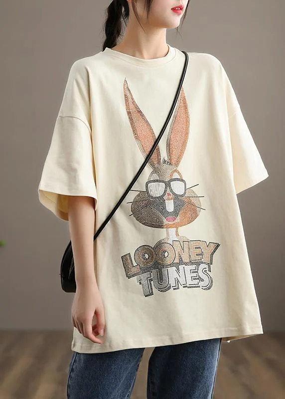 Handmade O neck Half Sleeve Spring Clothes For Women Inspiration Beige Rabbit Pattern Tops