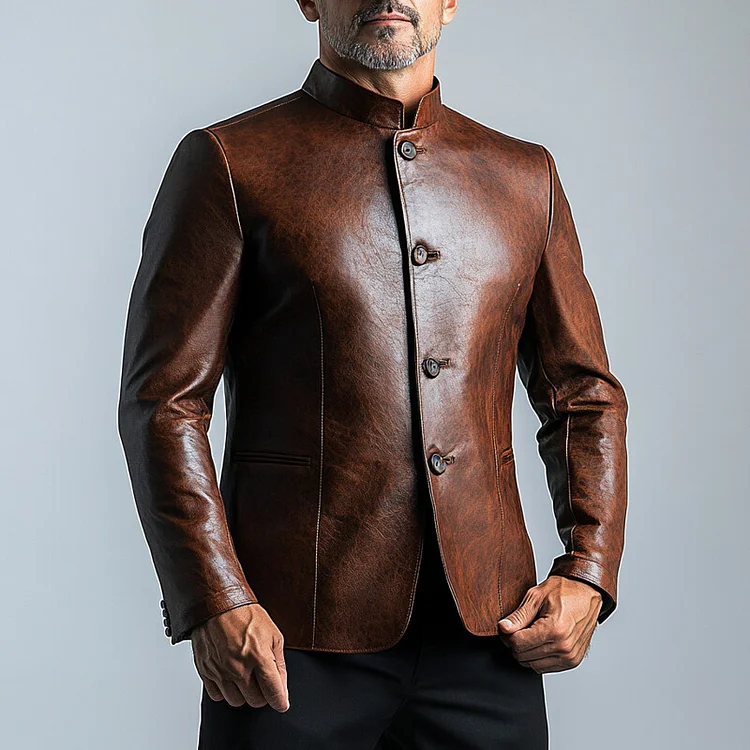 Men's Retro Stand Collar Single Breasted Long Sleeve PU Leather Jacket