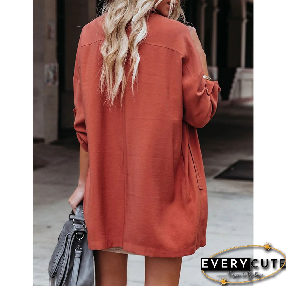 Rust Red Turndown Collar Lightweight Pocket Trench Coat