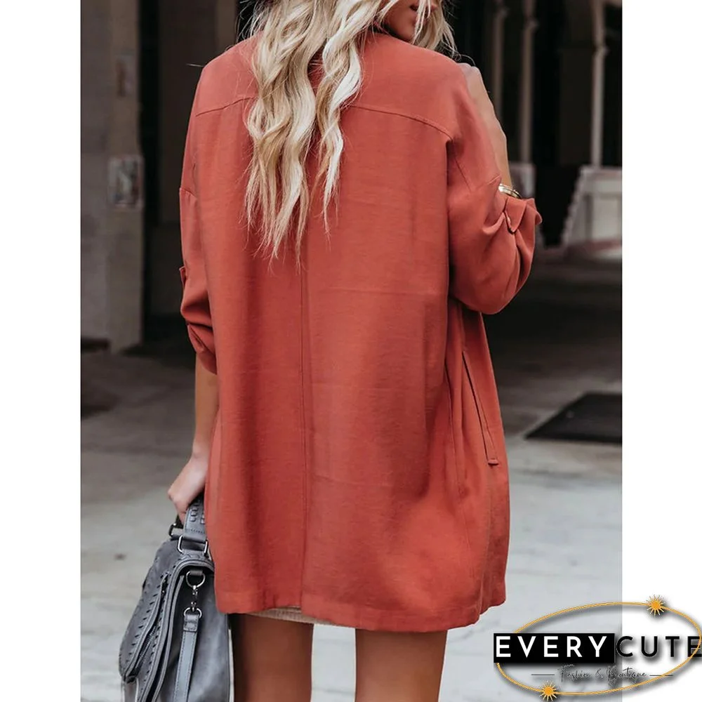 Rust Red Turndown Collar Lightweight Pocket Trench Coat