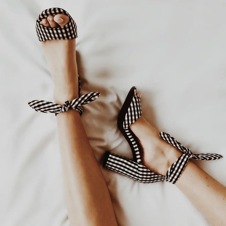 Black & White Plaid Chunky Heels Peep Toe Ankle Strap Sandals |FSJ Shoes