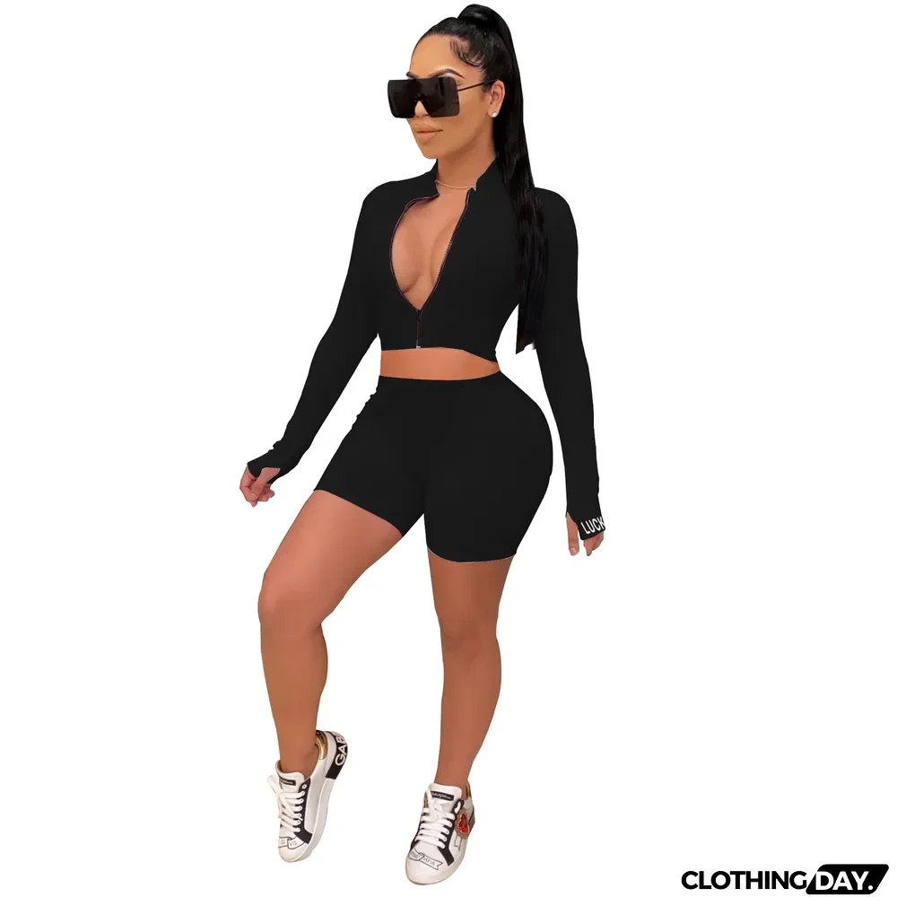 Women's Zip Stand Collar Top Shorts Fall Tracksuit Letter Embroidered Two Piece Set