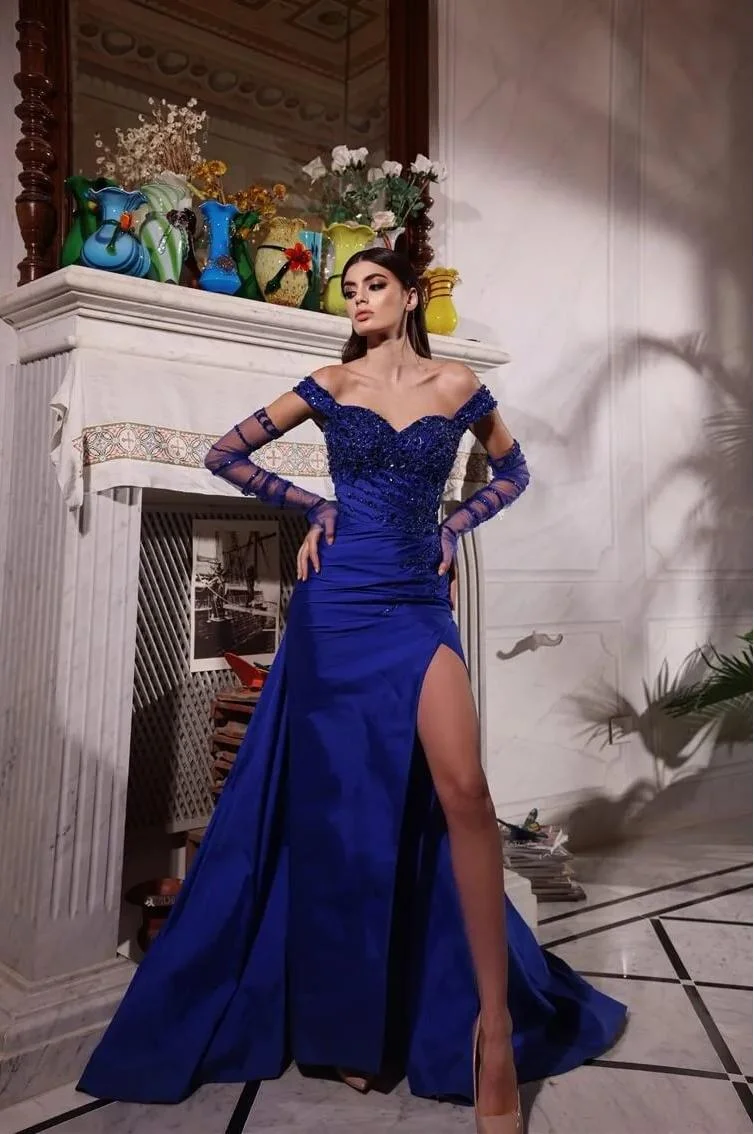 Miabel Elegant Royal Blue Satin Strapless Off the Shoulder Long Beaded Prom Dress with Gloves  