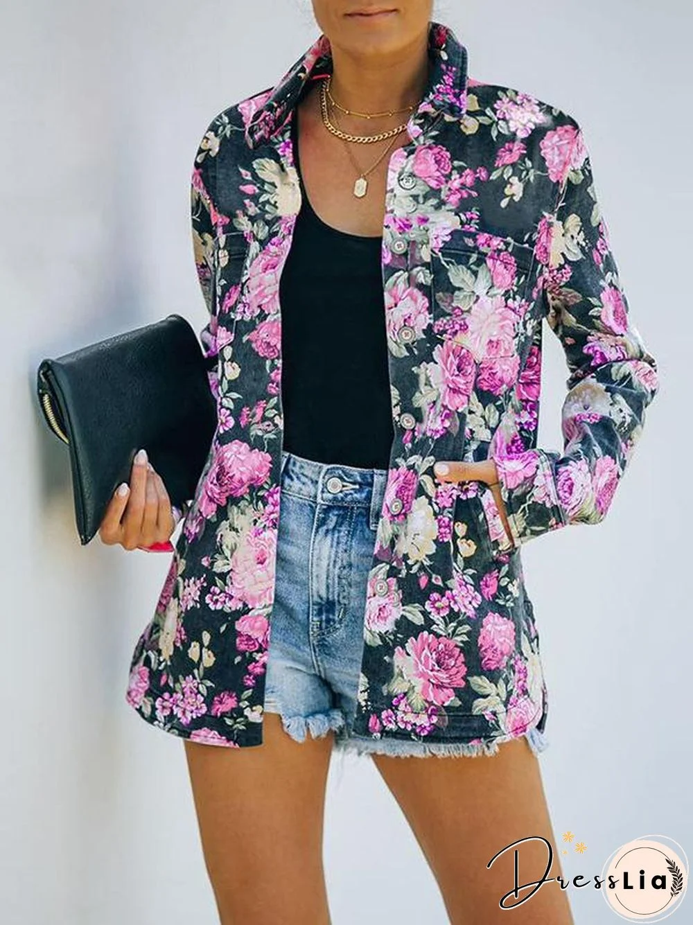 Flowers Printed Lapel Thin Outerwear