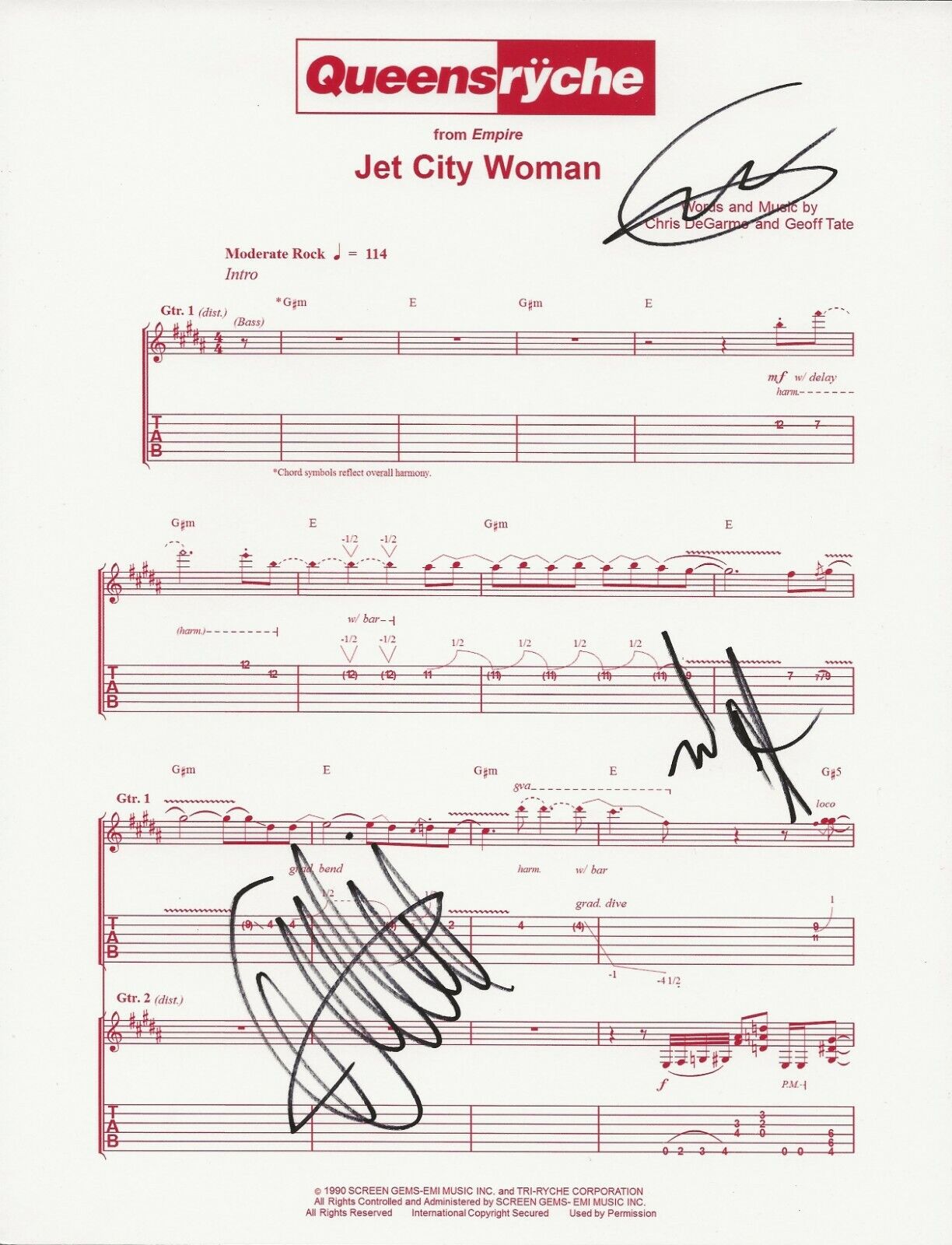 Queensryche REAL hand SIGNED Jet City Woman Sheet Music COA Geoff Michael Eddie