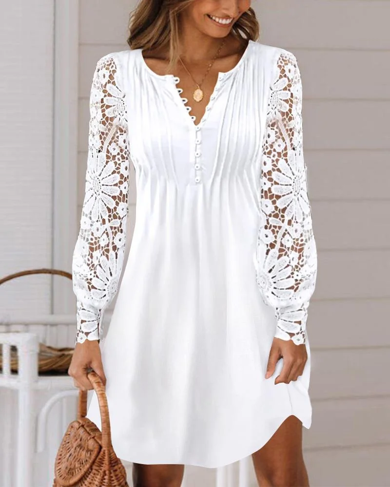 Lace Long Sleeve Pleated Dress