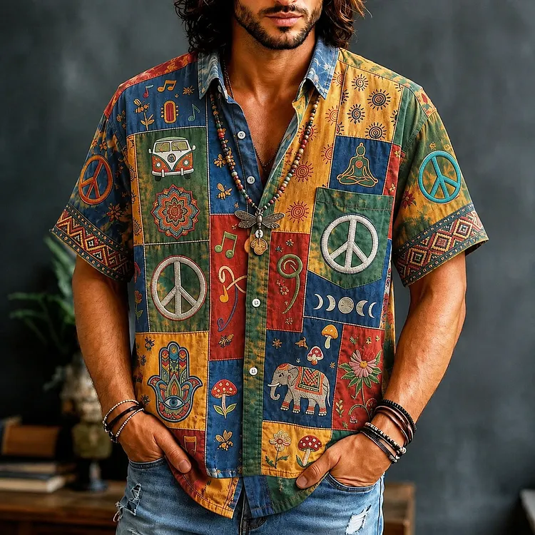 Men's Bohemian Style Patchwork Peace Symbol Hippie Art Print Casual Shirt