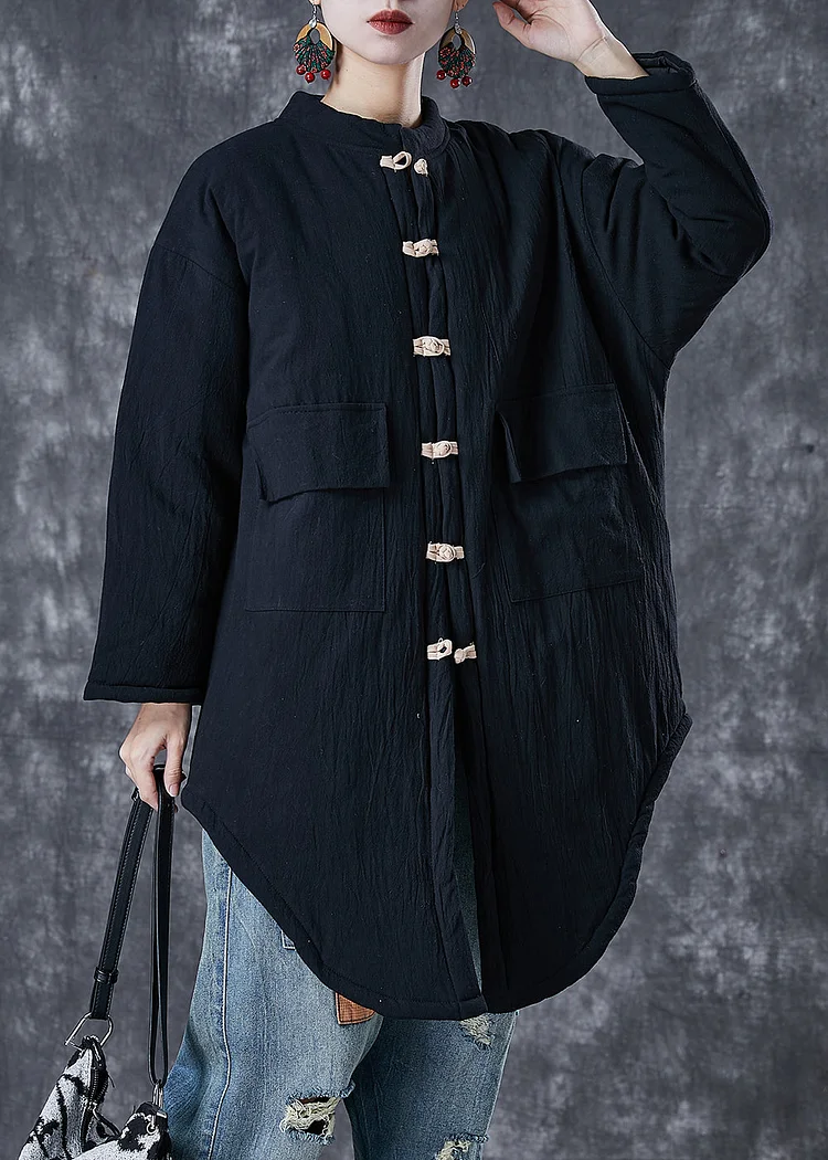 Handmade Black Chinese Button Pockets Fine Cotton Filled Puffer Jacket Winter