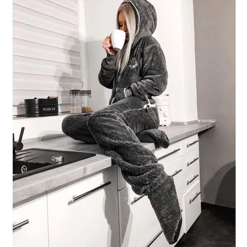 Jumpsuit Women Flannel Long Sleeve Jump Suits for Woman Homewear Pajamas Romers Solid Color Ladies Hooded Jumpsuits Outfits
