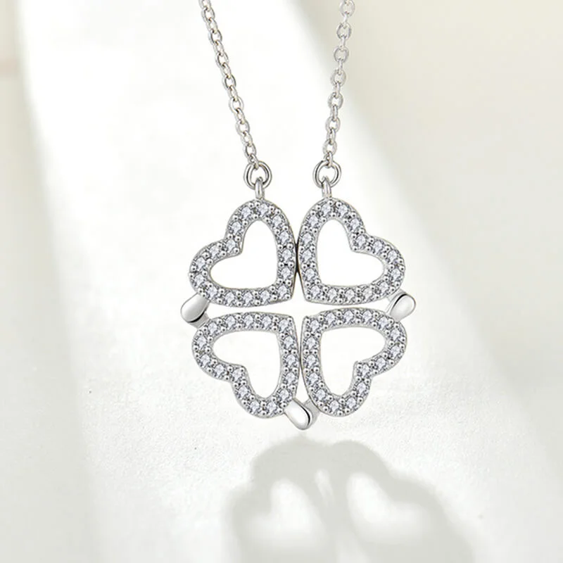 Mewaii® Sterling Silver Necklace Heart-Shaped Four-Leaf Clover Pendant Silver Jewelry S925 Sterling Silver Clavicle Chain Necklace