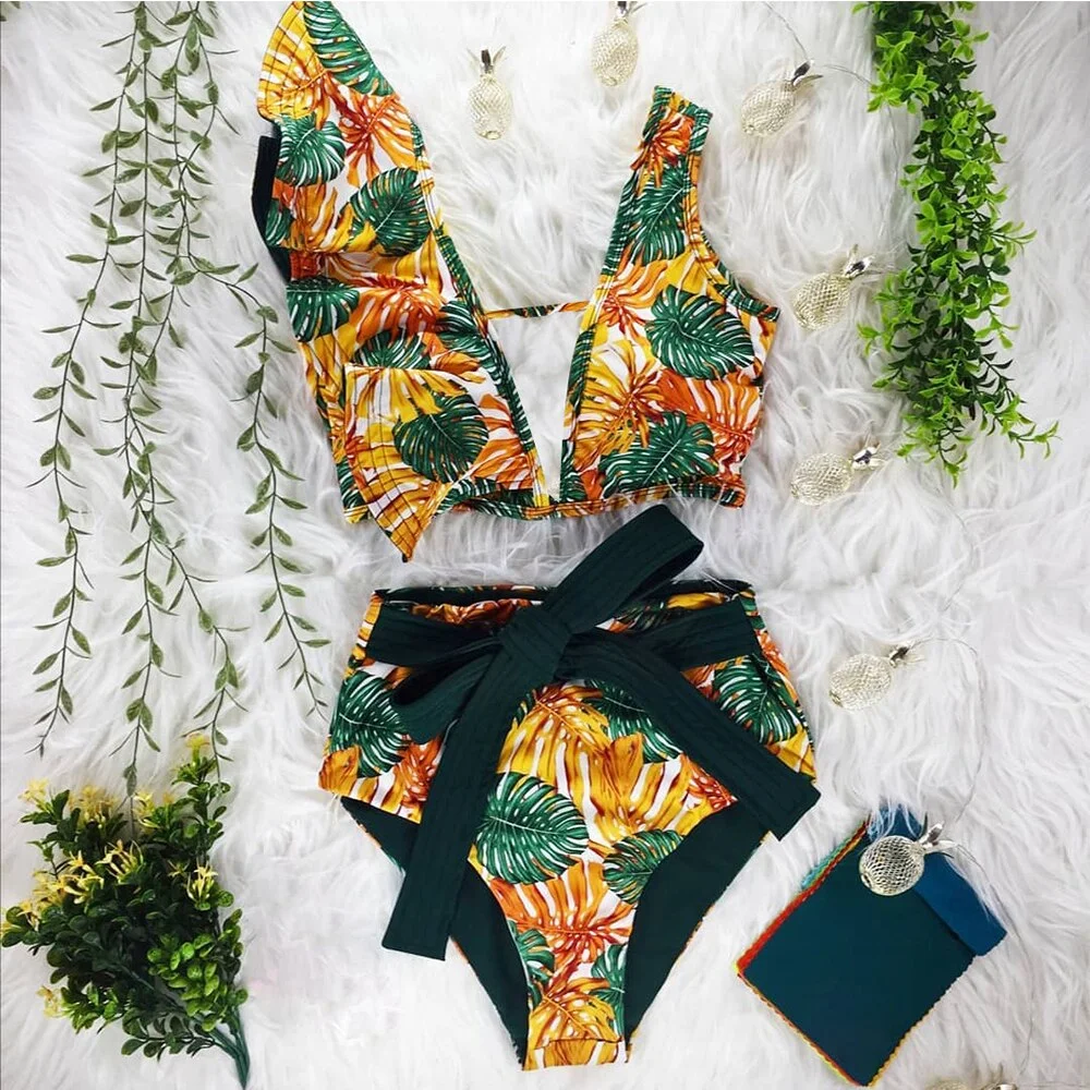 Two-Pieces Women Floral 2022 Push-Up Padded Bra Ruffles Bandage Bikini Set Swimsuit Swimwear Bathing Suit Beachwear Biquini