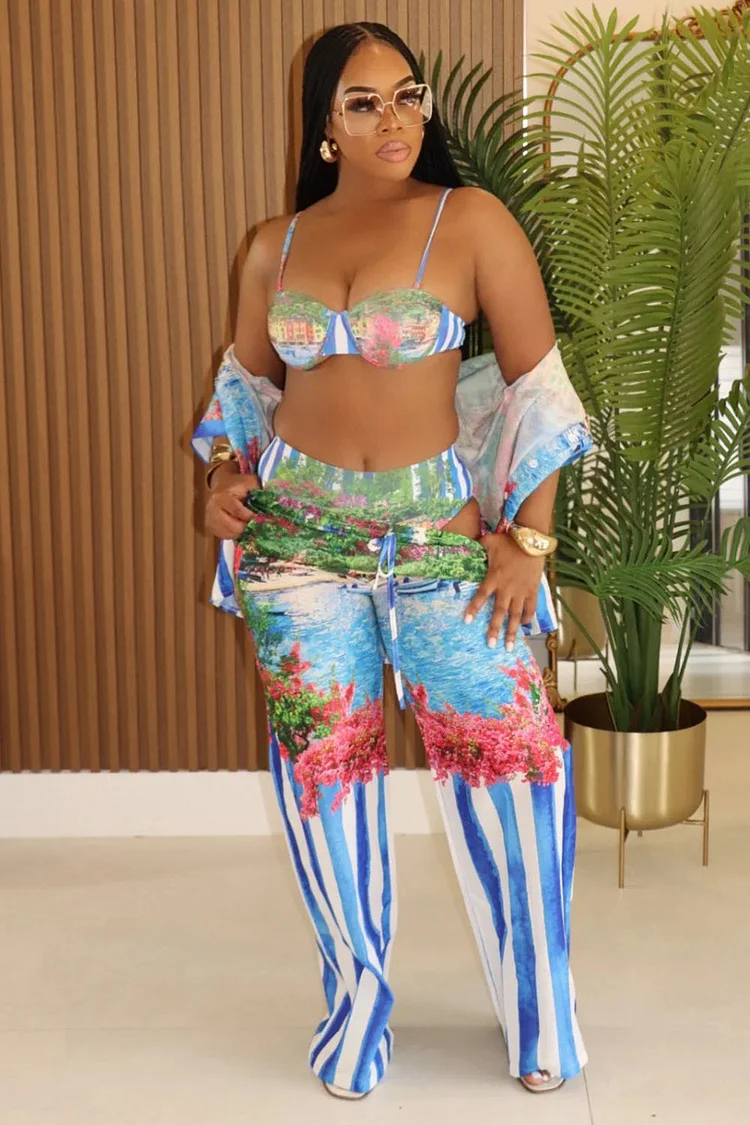 Scene Print Short Sleeve Blouse Bra Top Pants Vacay 3pcs Set-Blue [Pre Order]