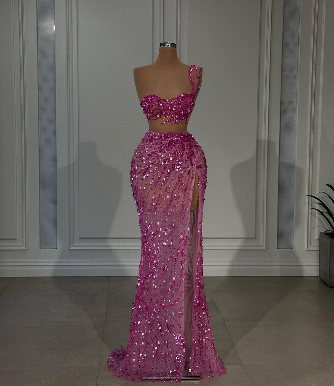 Daisda Shining Hot Pink Single Shoulder Strap Sleeveless Split Prom Dress