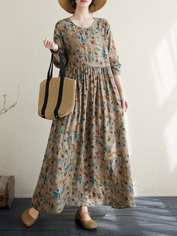 Women's Vintage Floral Dress A Line Crew Neck Cotton Linen Holiday Vacation Maxi Dress