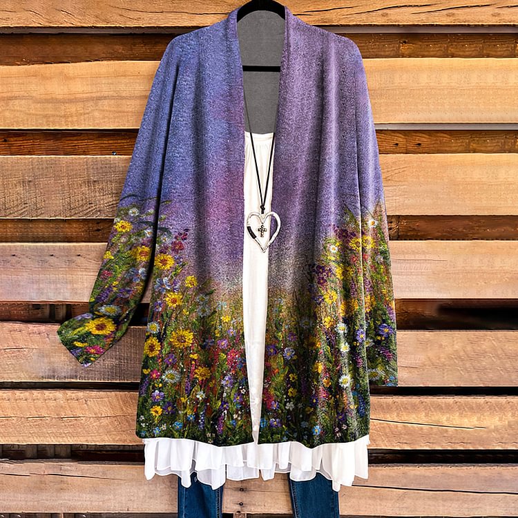 Vefave Oil Painting Floral Print Long Sleeve Cardigan