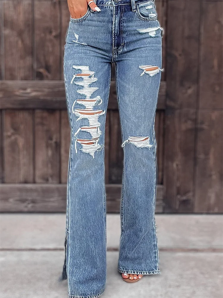 Street Hipster Washed Ripped Flared Jeans