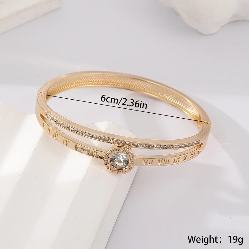 Casual Classic Style Roman Numeral Rose Gold Plated Artificial Diamond Alloy Bangle
