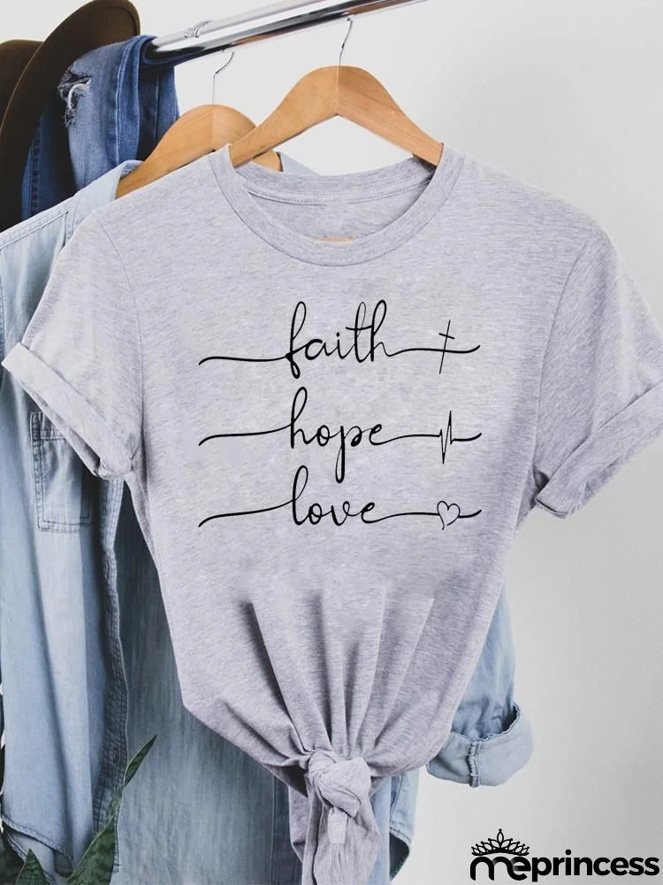 Women Fashion Base Letter Sunflower Cross Print Round Neck Short Sleeve T-Shirt