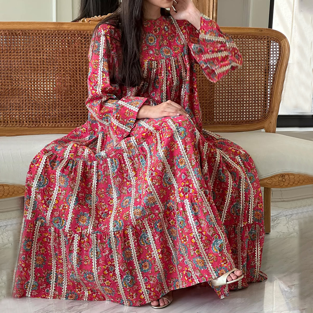 Women's Middle Eastern Vertical Stripes Mini Floral Dress