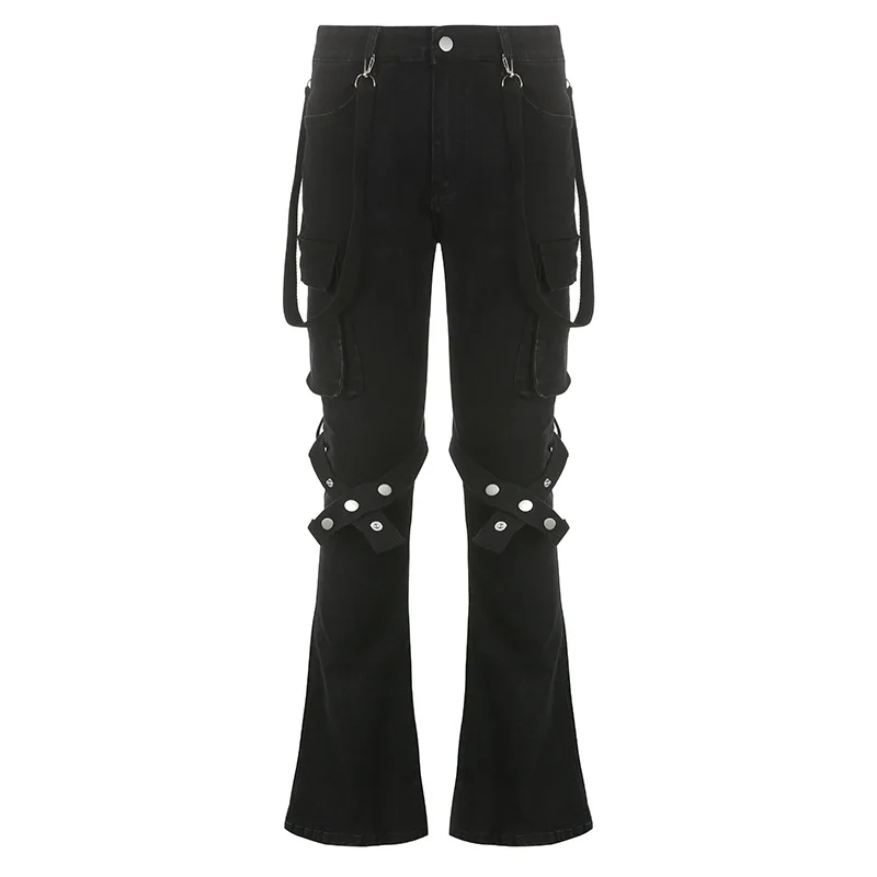 Ueong Early Summer New Ribbon Design Metal Leg Ring Pocket Straight Tube Flared Trousers Denim Trousers Girls