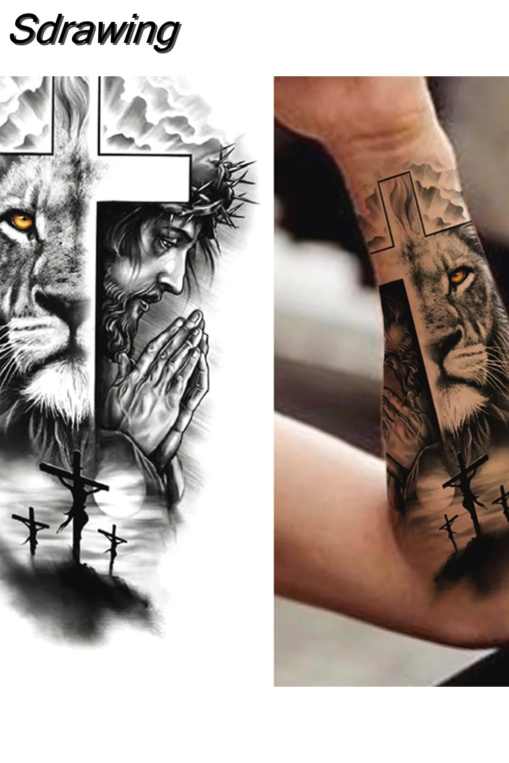 Sdrawing Lion Temporary Tattoo For Women Men Adult Skull Tiger Wolf Forest Tattoo Sticker Black Fake Realistic Demon Tatoos Forearm 430-1