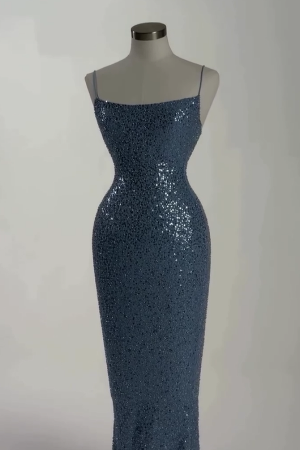 Dusty Blue Sequins Spaghetti-Straps Prom Dress INS0011
