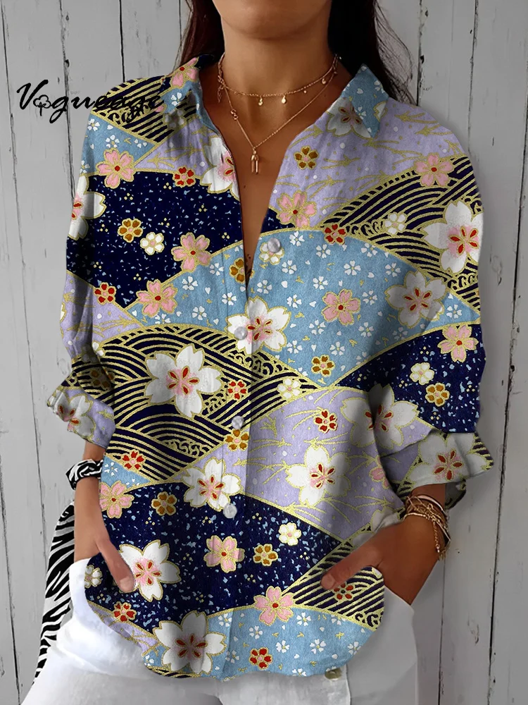 Interesting Floral Fan-Shaped Stitching Printed Cotton And Linen Shirt