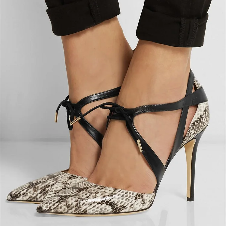 Light Grey Lace up Heels Snakeskin Stiletto Pumps Shoes |FSJ Shoes