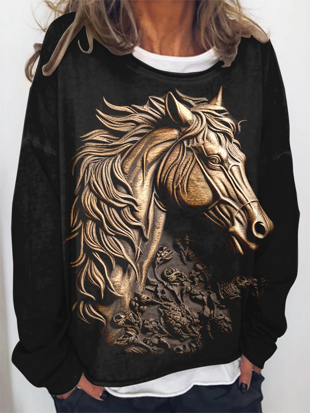 Retro Horse Print Round Neck Casual Sweatshirt