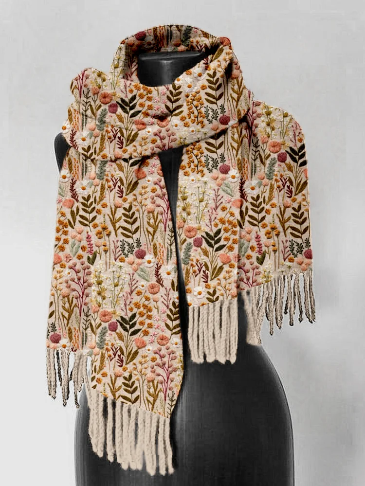 Wildflower Meadow Floral Embroidered Comfy Tassel Scarf