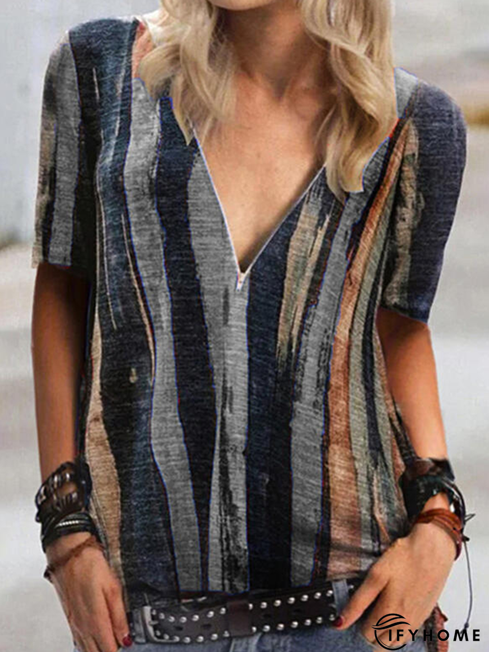 Color-block V Neck Casual Short Sleeve T-shirt | IFYHOME