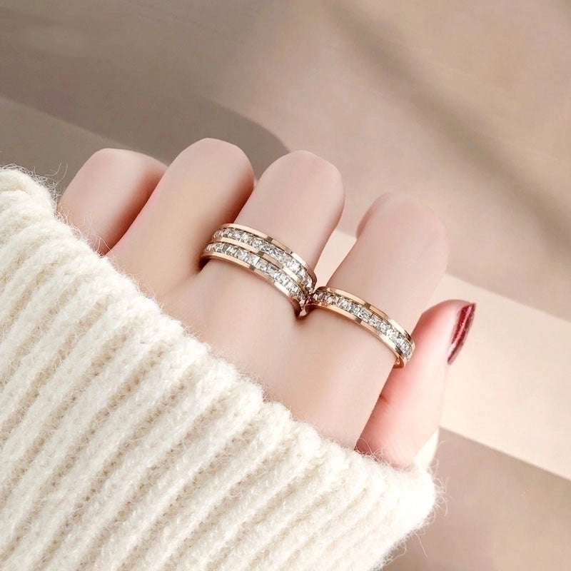 Shiny Round Titanium Steel Plating Inlay Artificial Diamond Rings