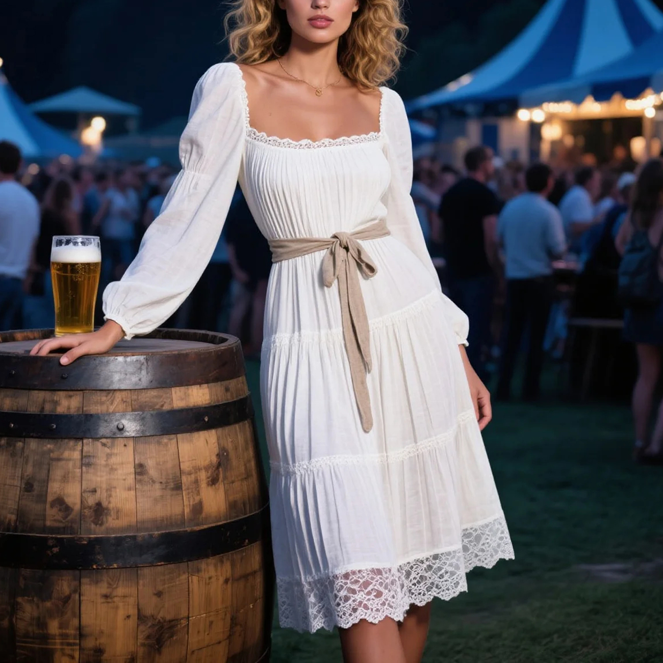 Vintage Country Women's Square Neck Lace Linen Long Sleeve Dress