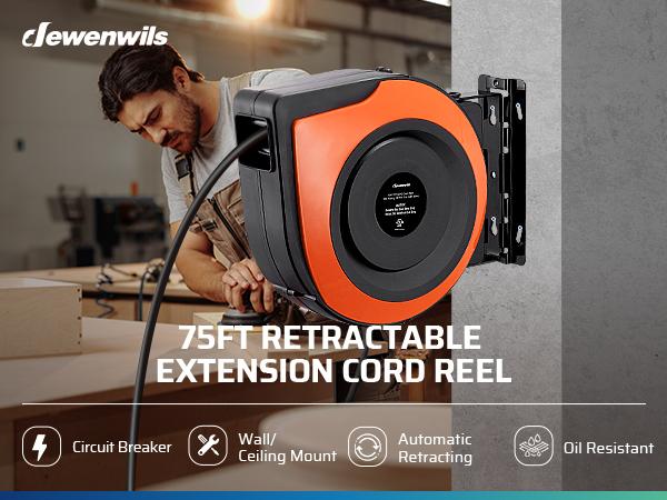Product Introduction of DEWENWILS Retractable Extension Cord Reel, 75 FT Heavy Duty Power Cord, 14/3C SJTOW, Lighted Triple Tap Outlets, 10A Circuit Breaker, Wall/Ceiling Mounted for Garage, Workshop, UL Listed, Cable Wall-HCRA75A 0