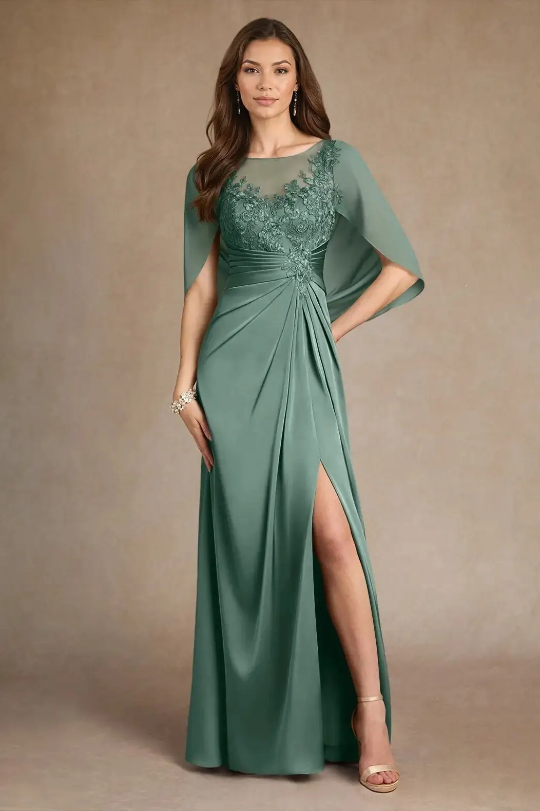 Daisda Scoop Long Pleated A-Line Mother Of The Bride Dress With Cape And Appliques