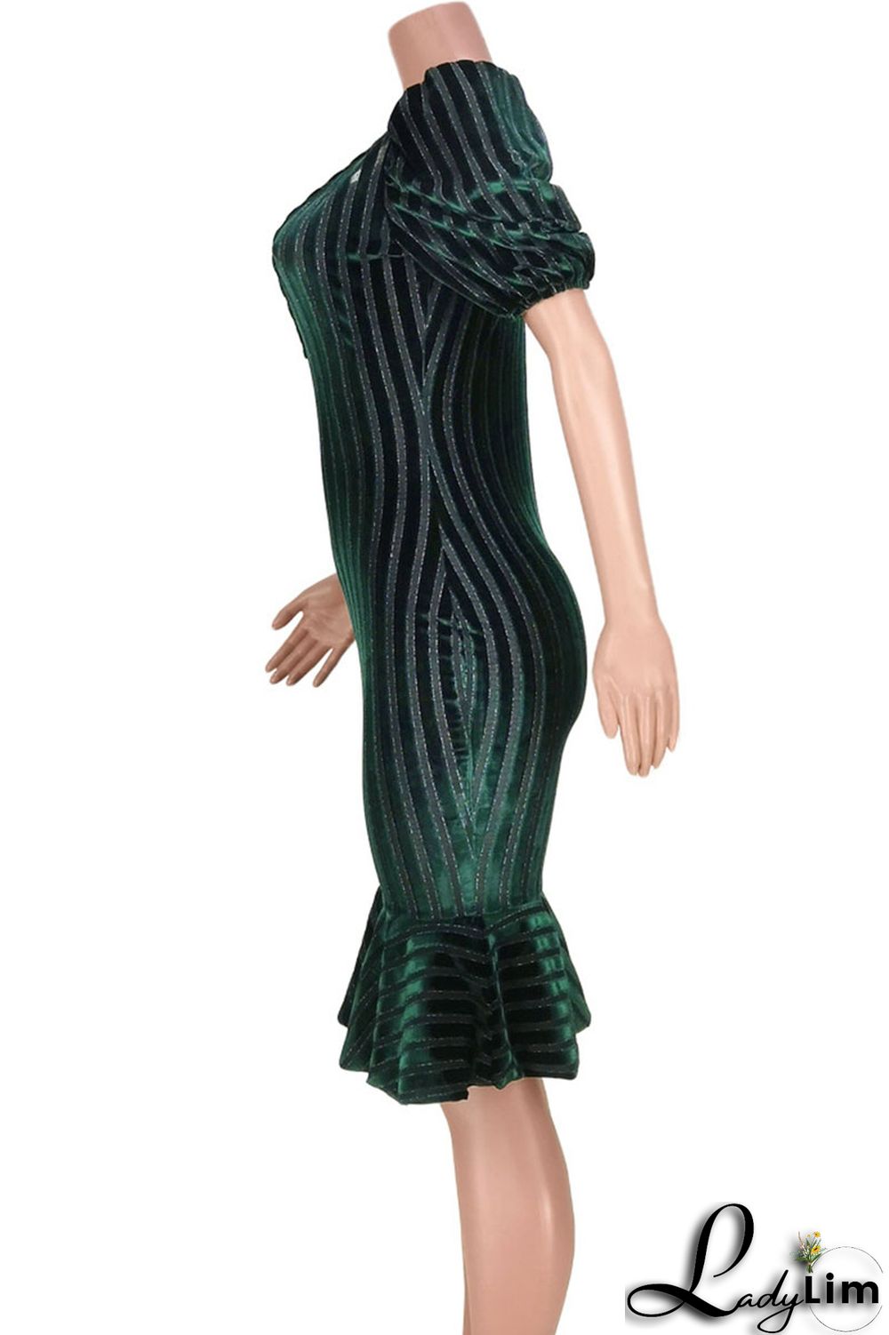 Ink Green Elegant Striped Split Joint V Neck Trumpet Mermaid Dresses