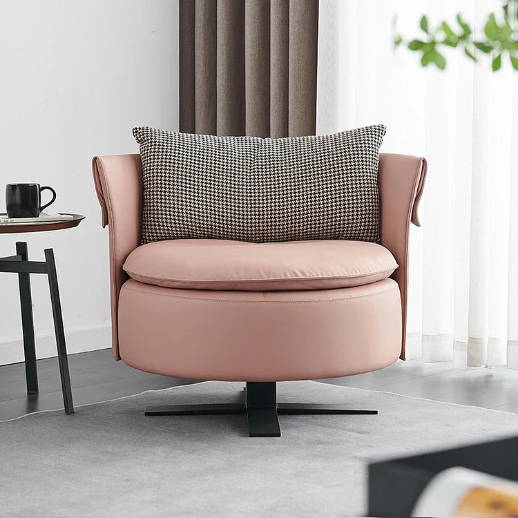Homemys Round Pink Accent Chair Boucle & Leath-Aire Upholstery for Living Room