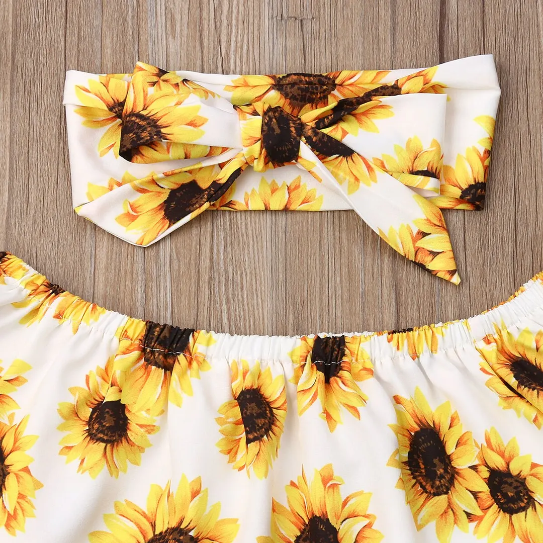2019 Baby Summer Clothing Fashion Kids Baby Girl Off Shoulder Tops Sunflower Shirt Ripped Denim Jeans 3Pcs Outfits Set 6M-4T