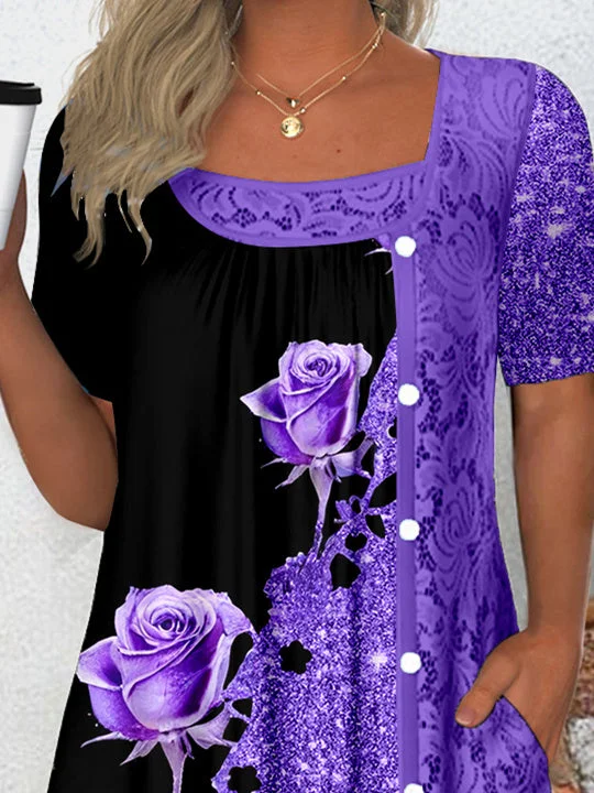 (PRE ORDER)Women's Short Sleeve Scoop Neck Graphic Lace Tops