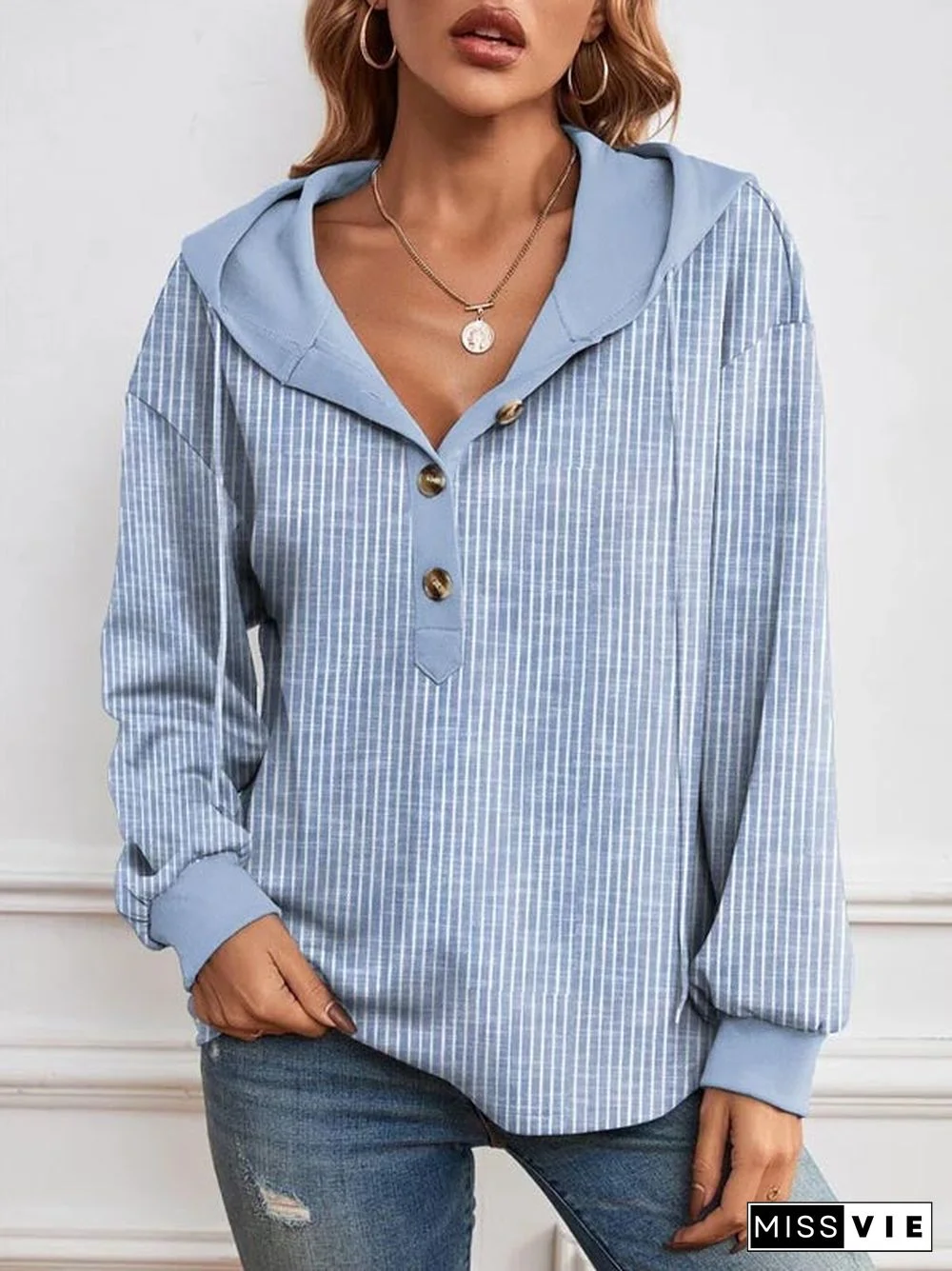 Women's Long Sleeve V-neck Graphic Printed Buttons Hoodie