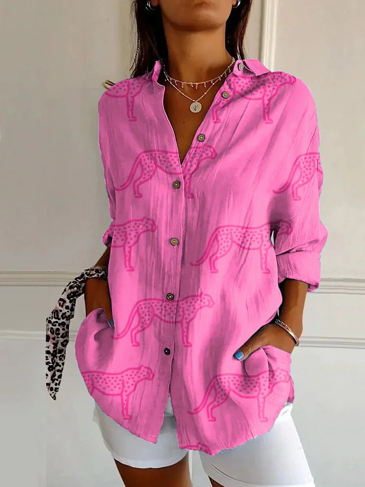 Pink Leopard Print Casual Long Sleeve Shirt