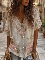 Women's Retro Boho Pink Floral Embroidered Art V-neck T-shirt