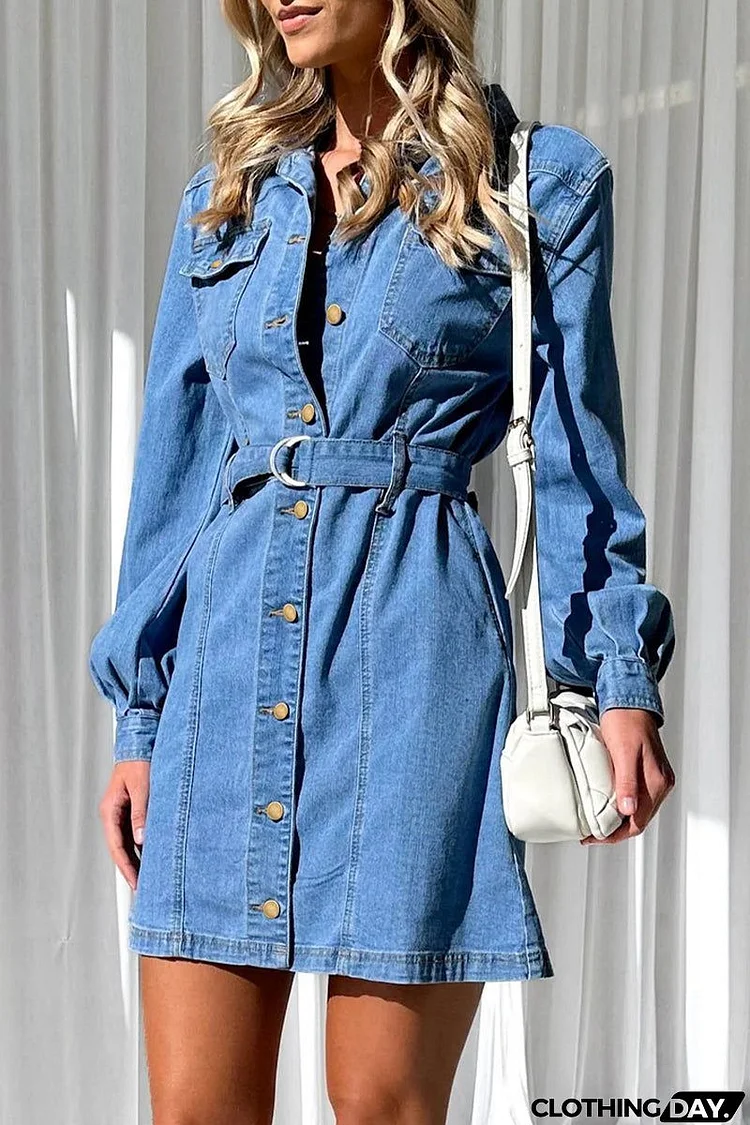 Casual Solid Pocket Buckle With Belt Turndown Collar Long Sleeve Straight Denim Dresses