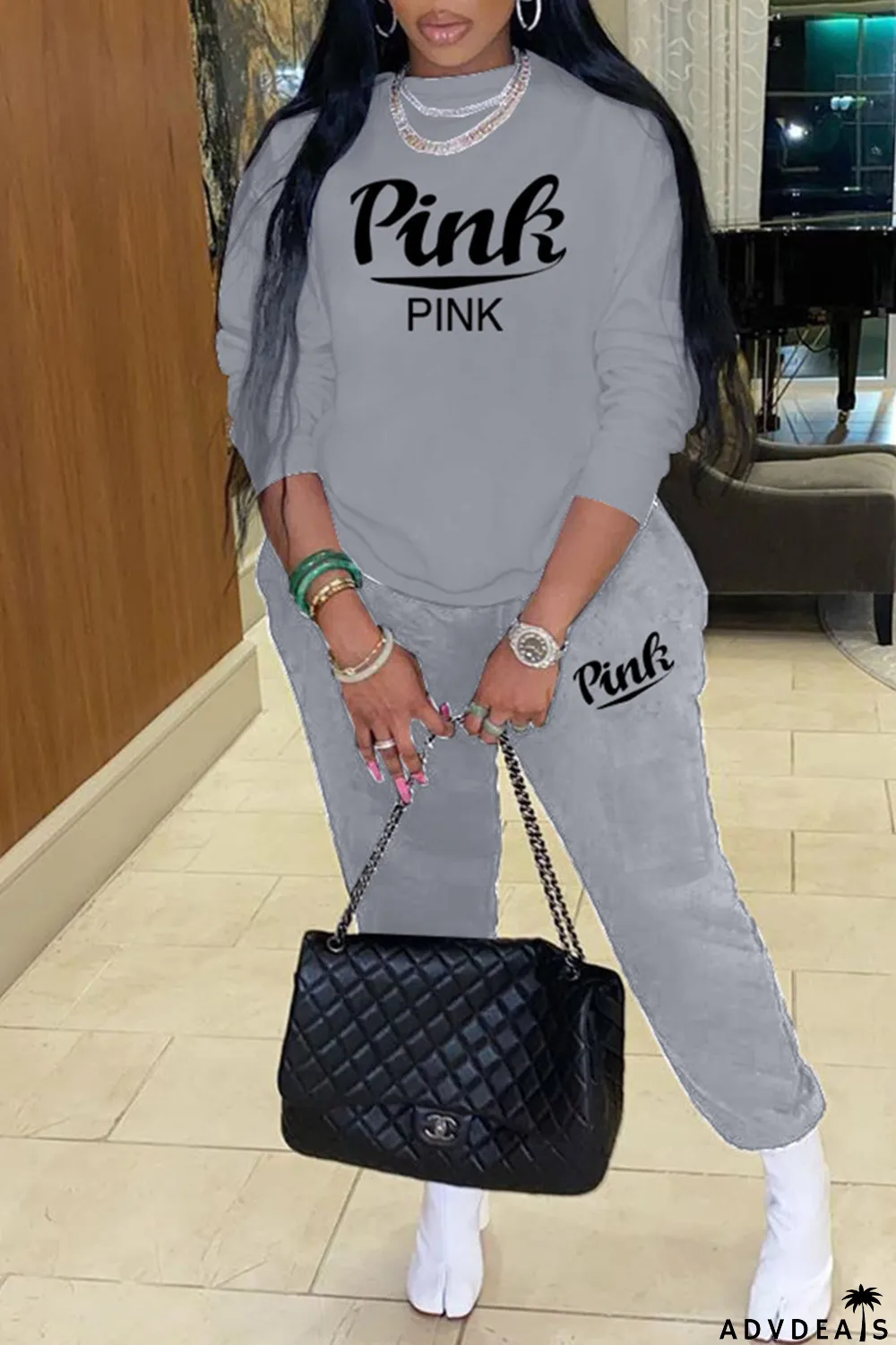 Grey Fashion Casual Letter Print Basic O Neck Long Sleeve Two Pieces