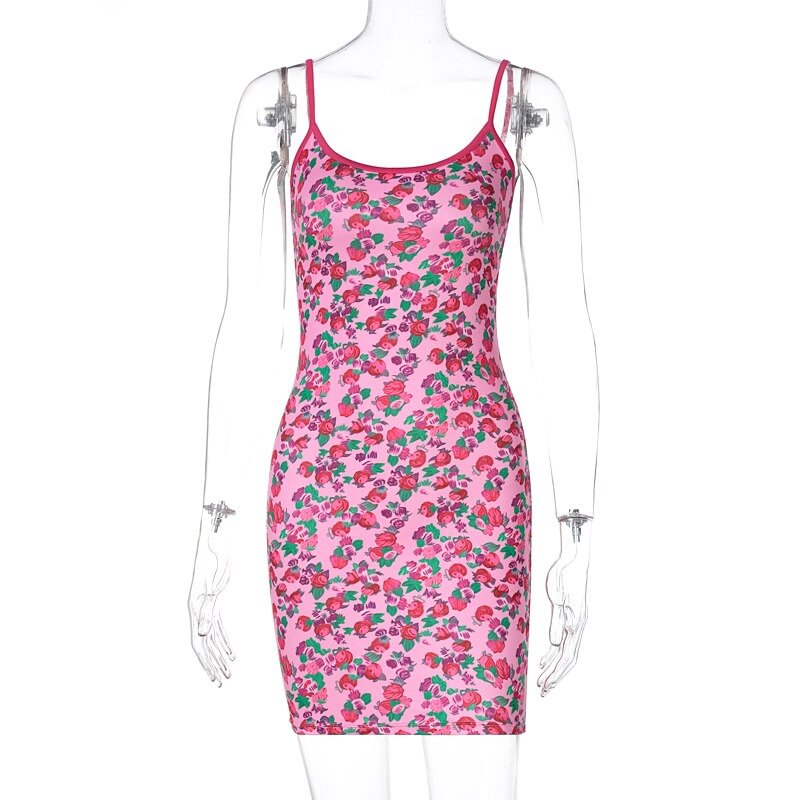 Dulzura Floral Print Women Strap Mini Dress Bodycon Sexy Slim Backless Streetwear Party Club 2021 Summer Vintage Cute