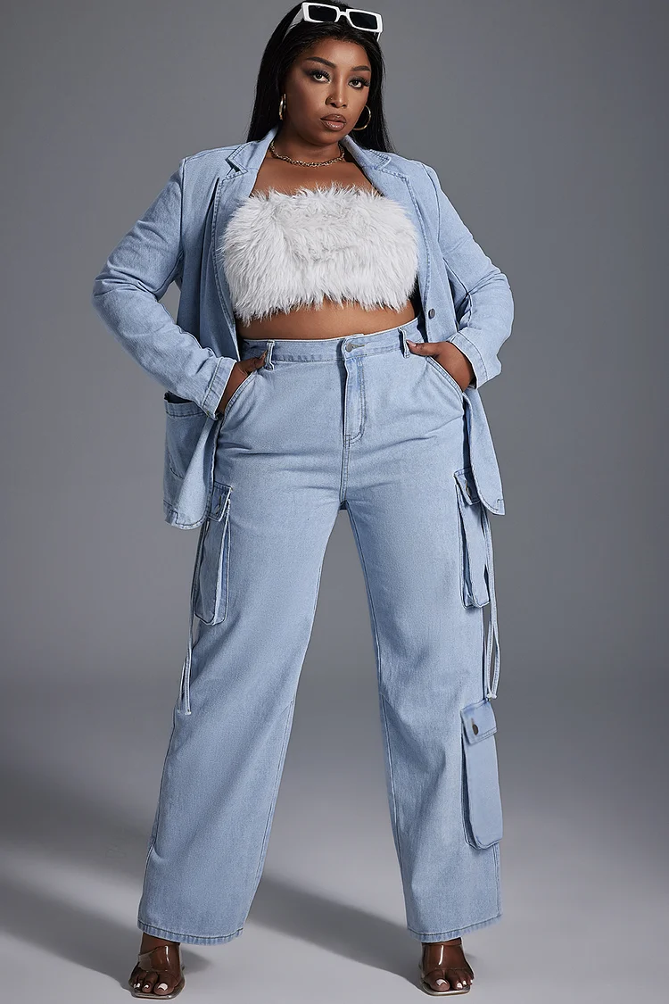 Xpluswear Design Plus Size Daily Pant Set Light Blue Cargo Denim Blazer Two Piece Pant Set [Pre-Order]