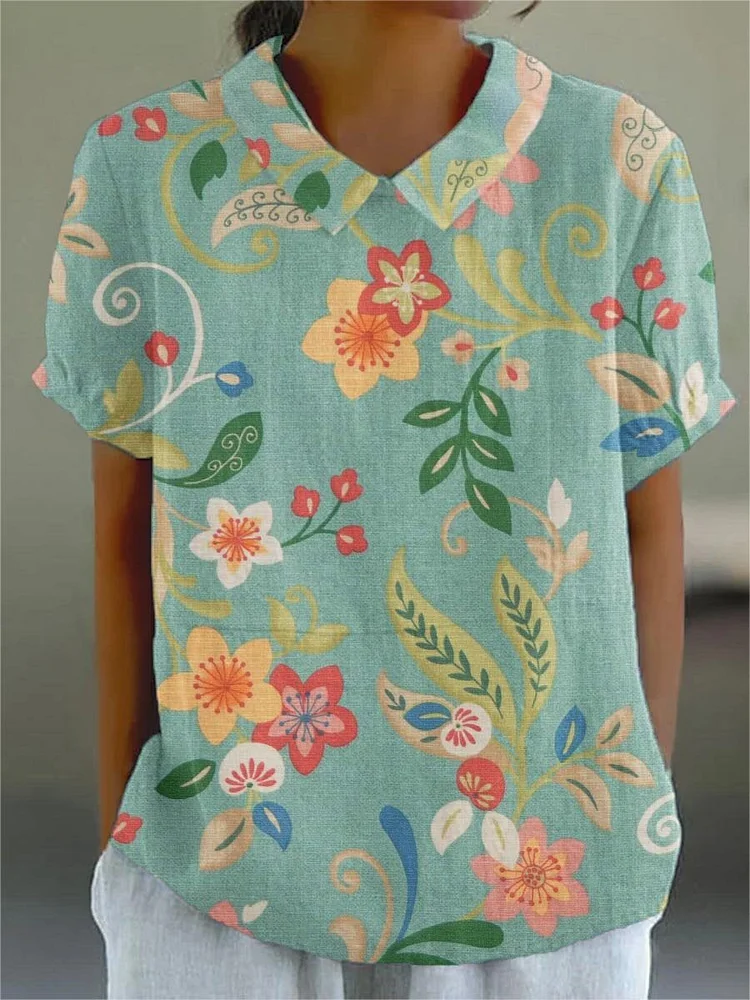 Women's Flowers And Leaves Casual Cotton And Linen Shirt